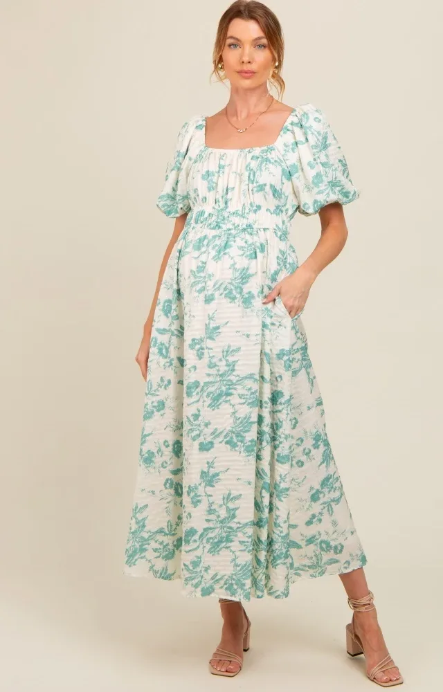 Teal Floral Puff Sleeve Maternity Midi Dress