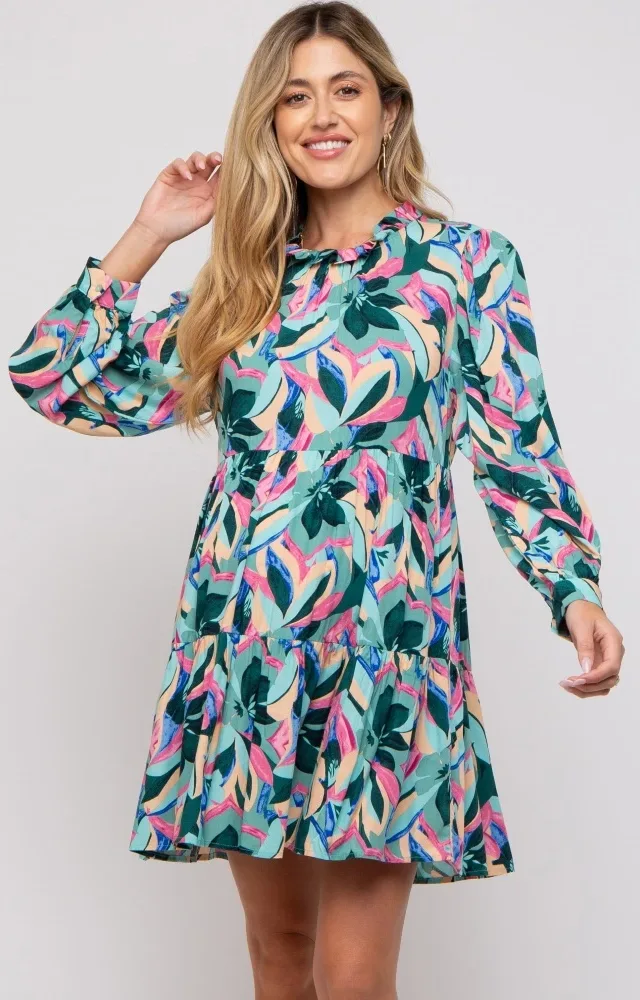 Teal Floral Ruffle Mock Neck Maternity Dress