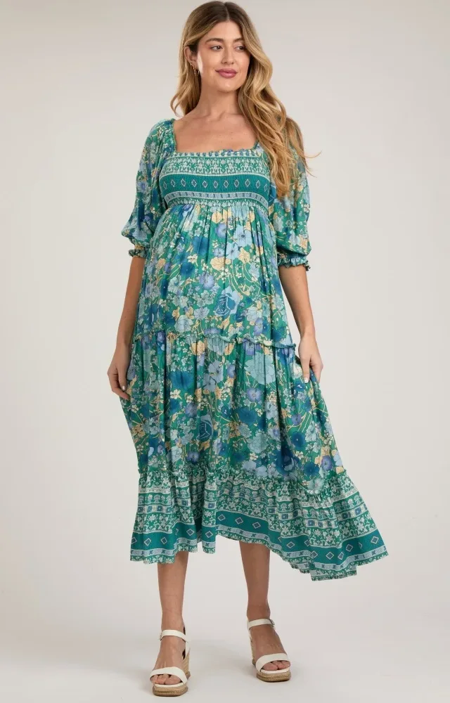 Teal Floral Smocked Half-Length Sleeves Maternity Dress