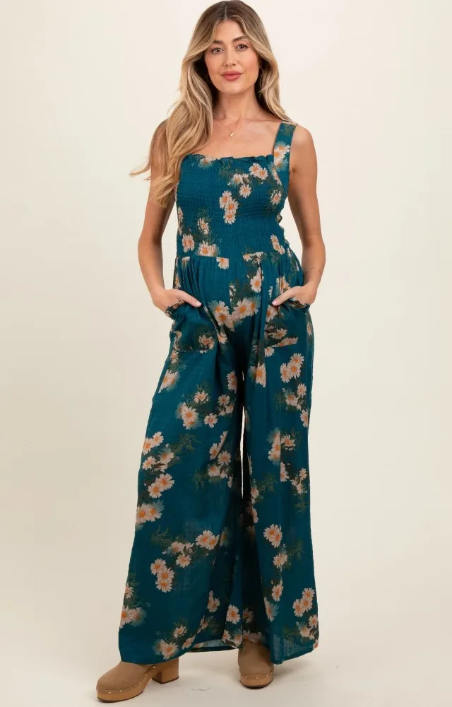 Teal Floral Smocked Maternity Jumpsuit