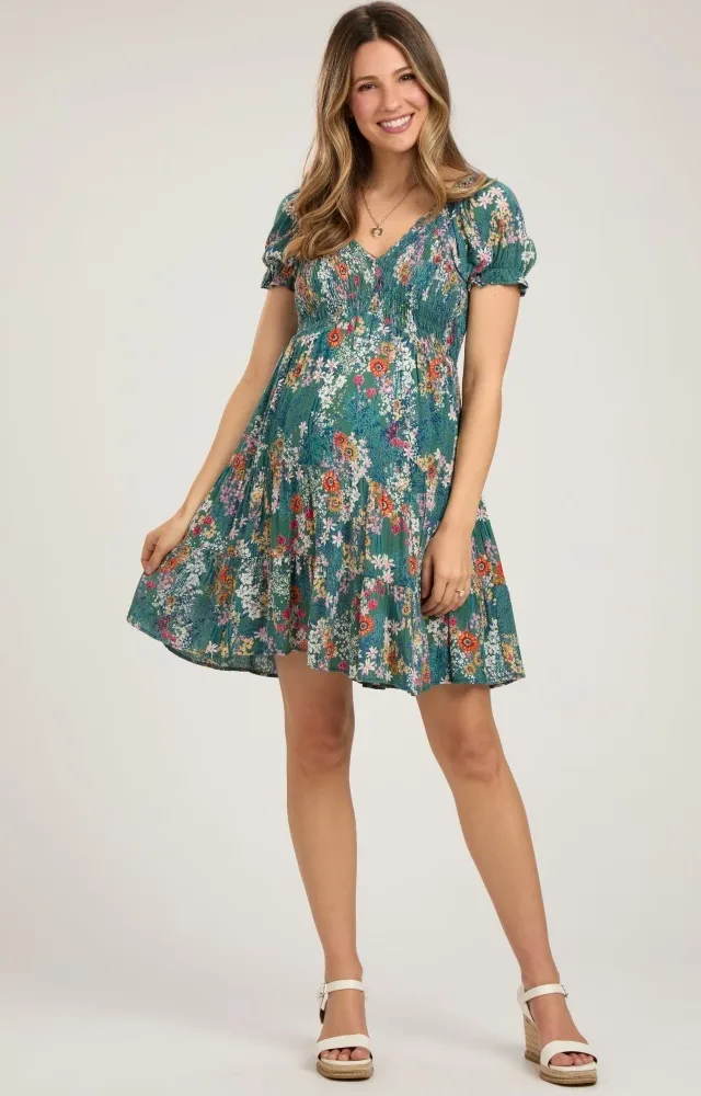 Teal Floral Smocked V-Neck Short Sleeve Maternity Dress