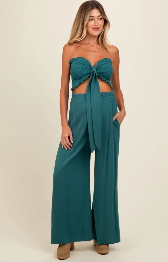 Teal Front Tie Crop Top And Pant Maternity Set