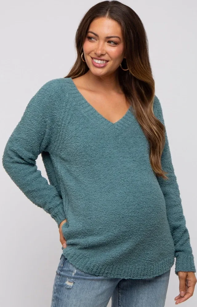 Teal Fuzzy Soft Knit Maternity Sweater