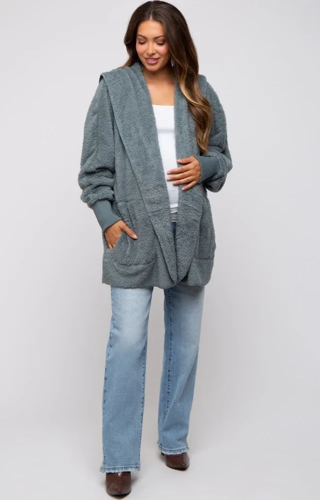 Teal Grey Fuzzy Hooded Long Sleeve Maternity Jacket