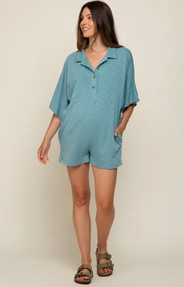 Teal Heathered Front Button Maternity Romper