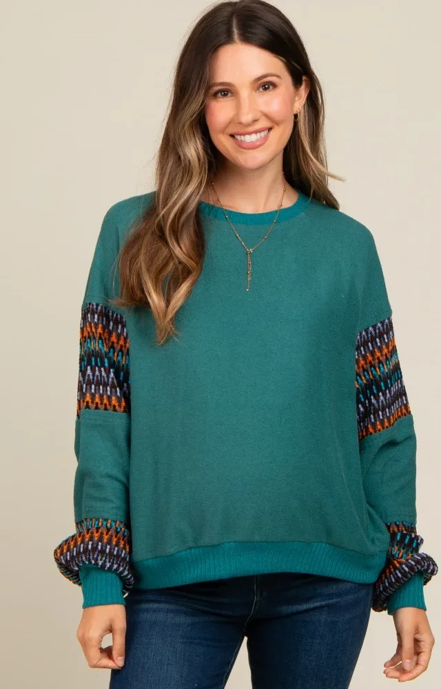 Teal Knit Contrast Sleeve Maternity Pullover