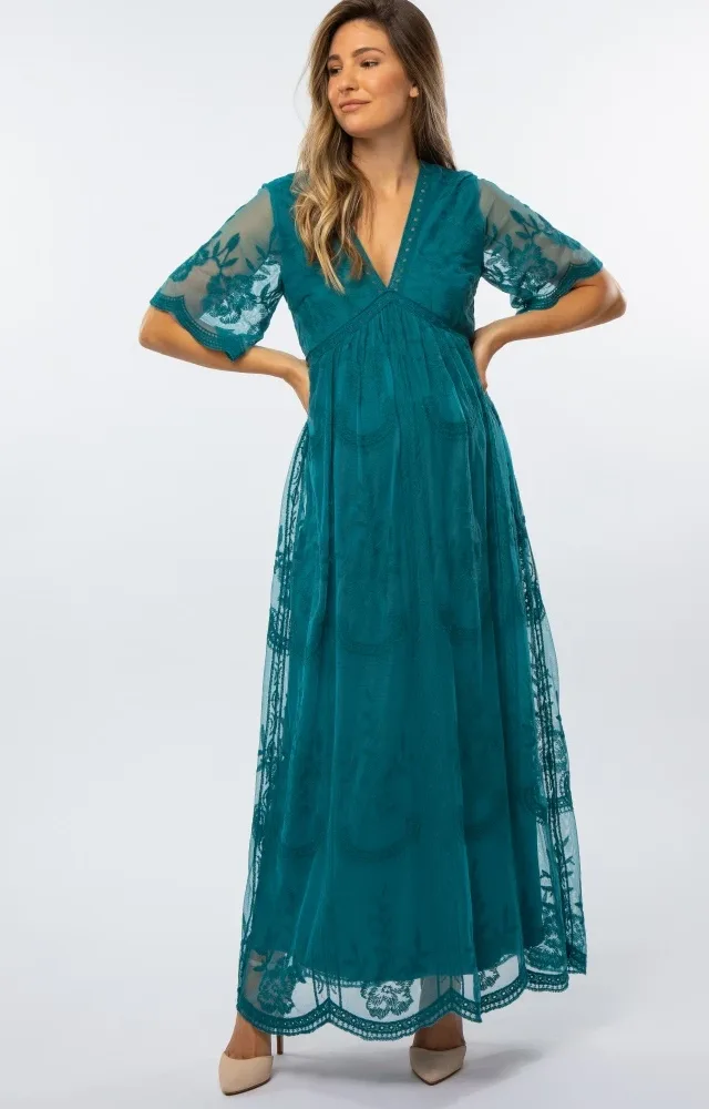 Teal Lace Mesh Overlay Maternity Maxi Dress