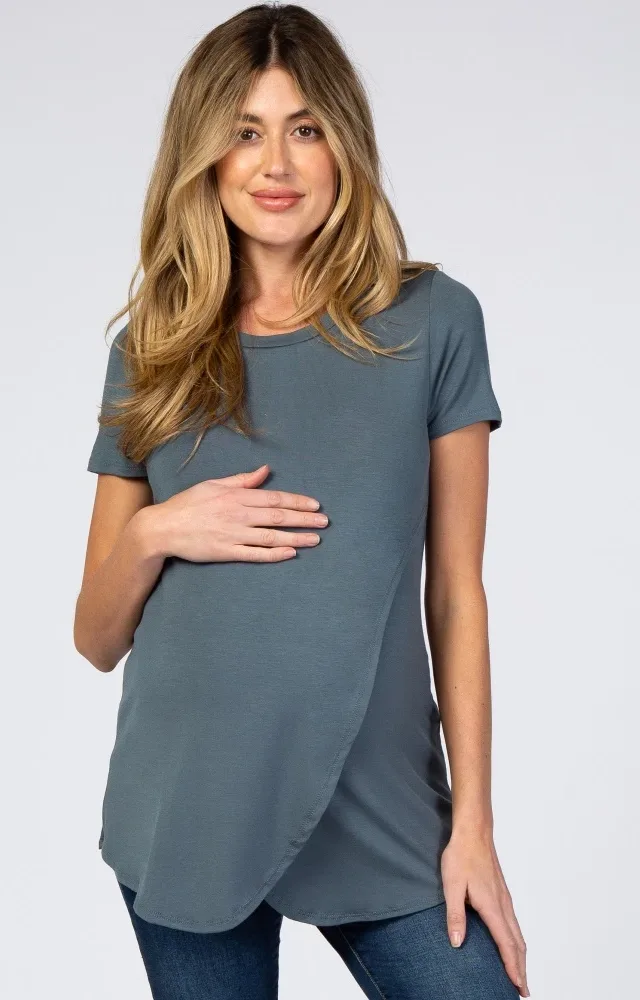 Teal Layered Wrap Front Maternity Nursing Top