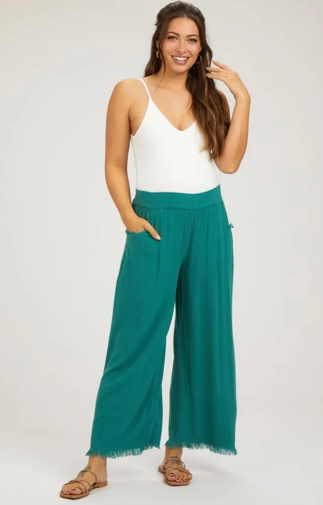 Teal Linen Frayed Hem Crop Maternity Pants