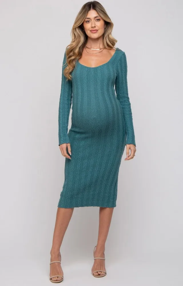 Teal Long Sleeve Knit Maternity Sweater Dress