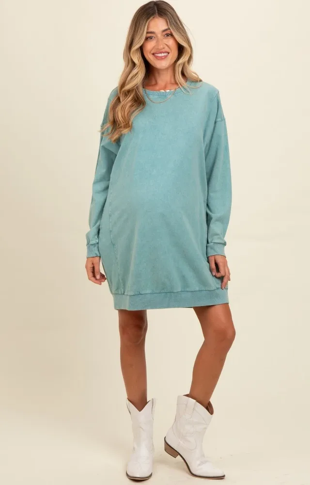 Teal Mineral Wash Maternity Sweatshirt Dress