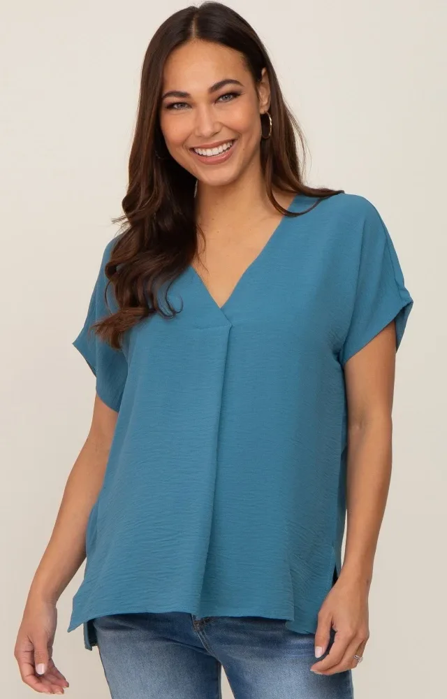 Teal Oversized V-Neck Maternity Blouse