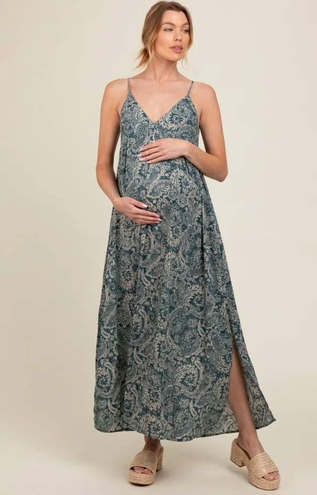 Teal Paisley Babydoll Cami Strap Maternity Maxi Dress