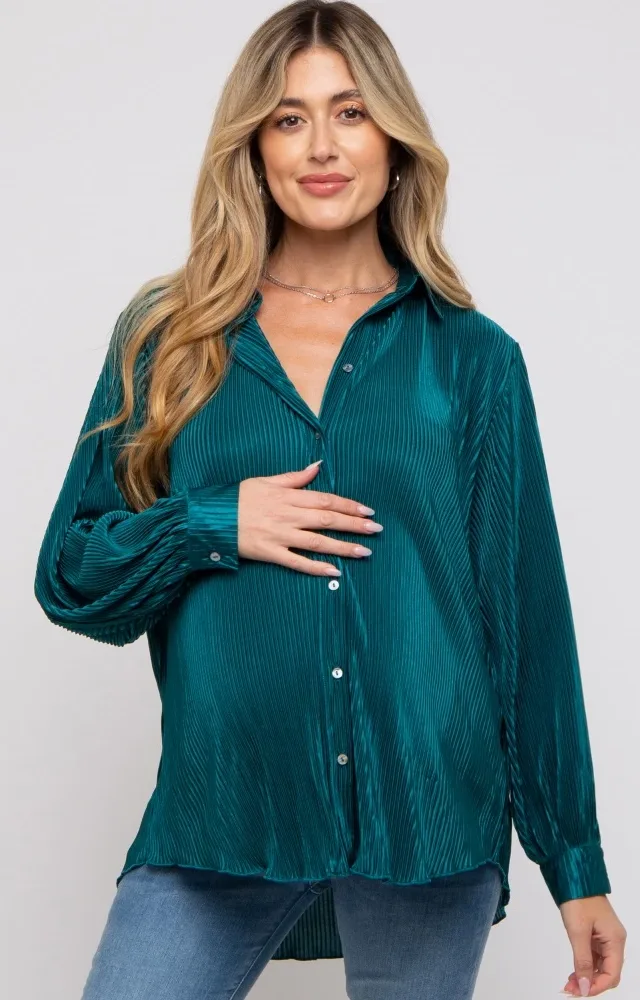 Teal Plisse Button Up Long Sleeve Maternity Top