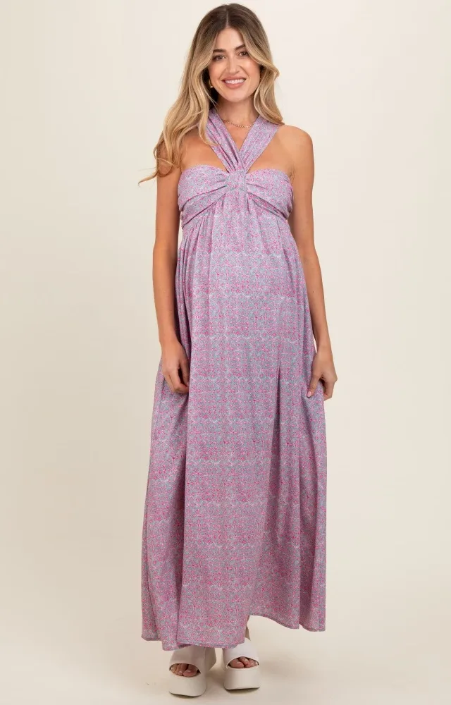 Teal Print Halter Maternity Maxi Dress