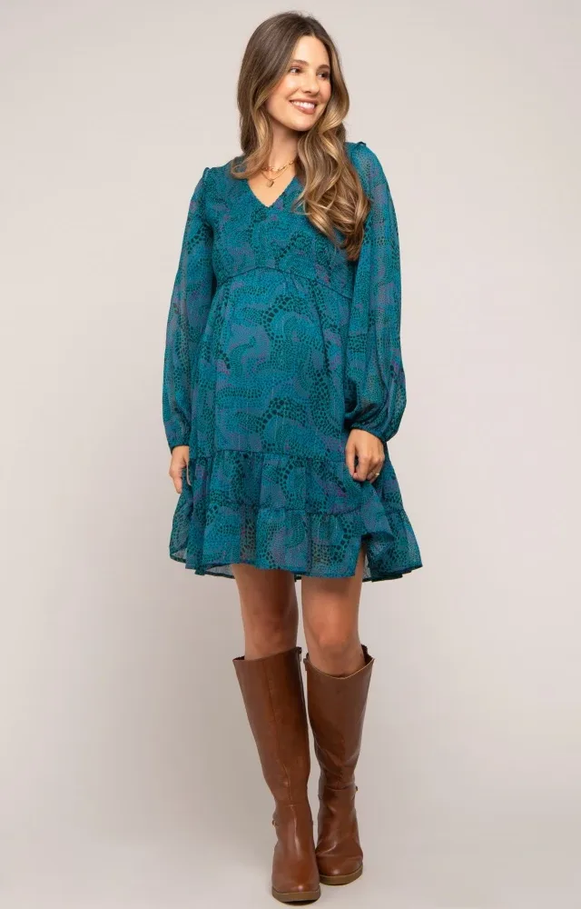 Teal Printed Smocked Long Sleeve Maternity Dress