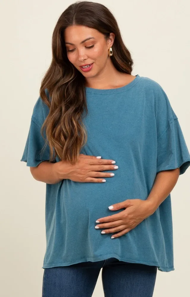 Teal Raw Rolled Hem Maternity Top