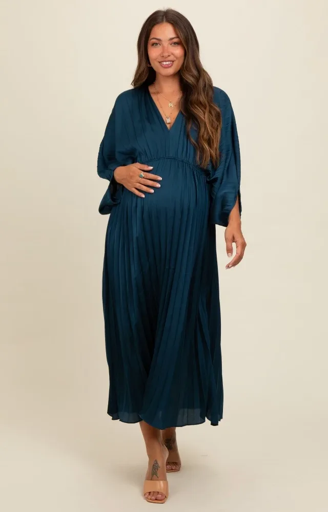 Teal Satin Pleated V-Neck Maternity Maxi Dress