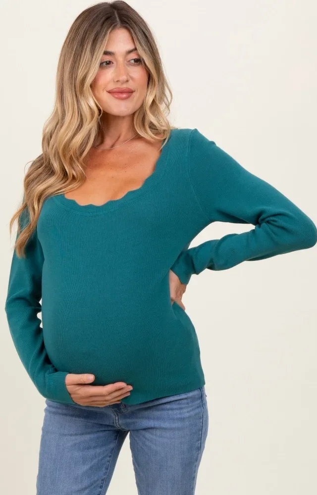 Teal Scallop Hem Square Neck Maternity Sweater