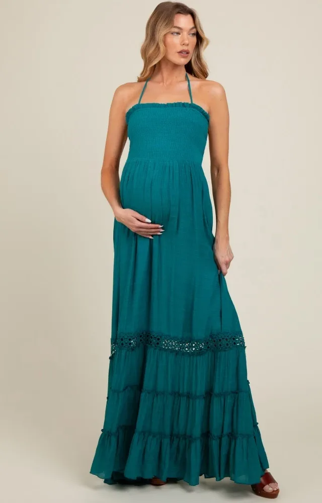 Teal Smocked Open Back Maternity Maxi Dress