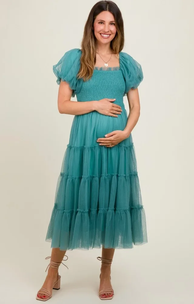 Teal Smocked Tiered Tulle Maternity Midi Dress