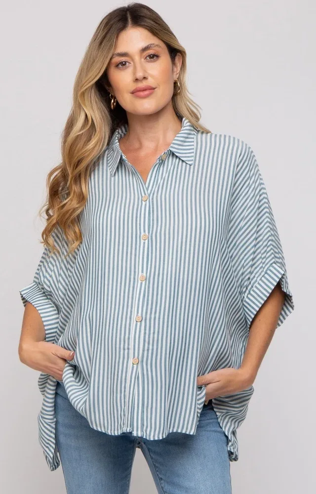 Teal Striped Button Up Dolman Maternity Top