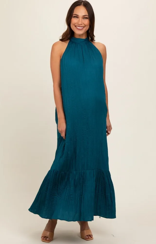 Teal Textured Halter Tie Maternity Maxi Dress