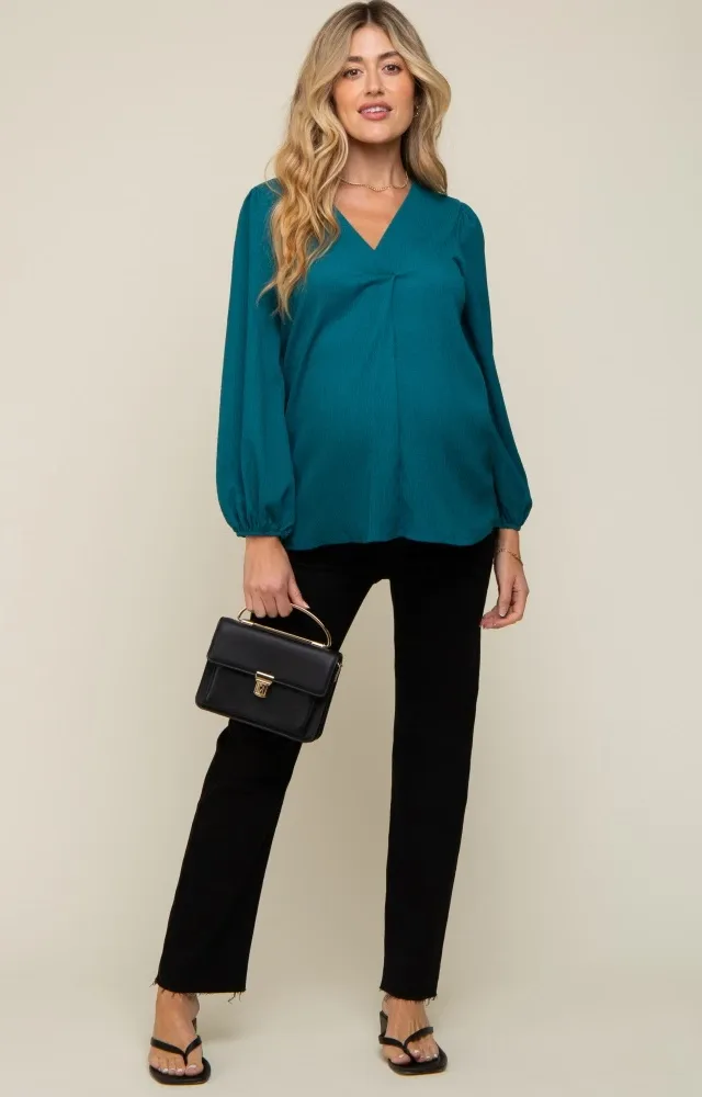 Teal Textured Long Sleeve Maternity Blouse