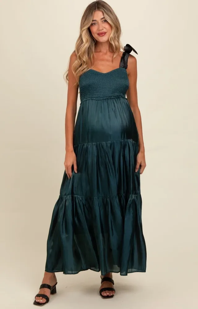 Teal Tiered Satin Tie-Strap Maternity Maxi Dress