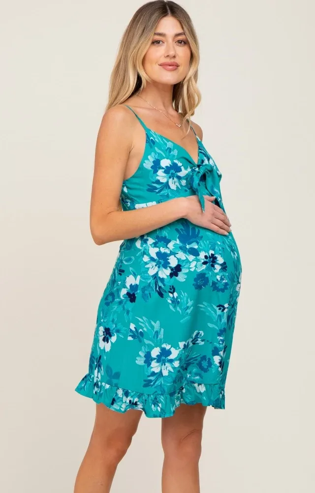 Teal Tropical Floral Front Tie Sleeveless Maternity Dress