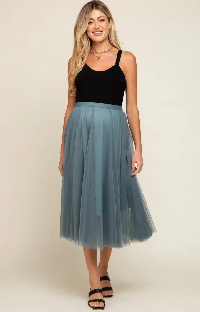 Teal Tulle Maternity Midi Skirt