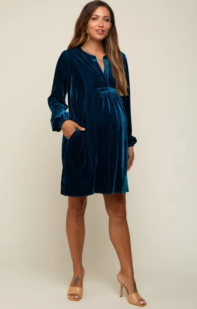 Teal V-Neck Velvet Maternity Dress