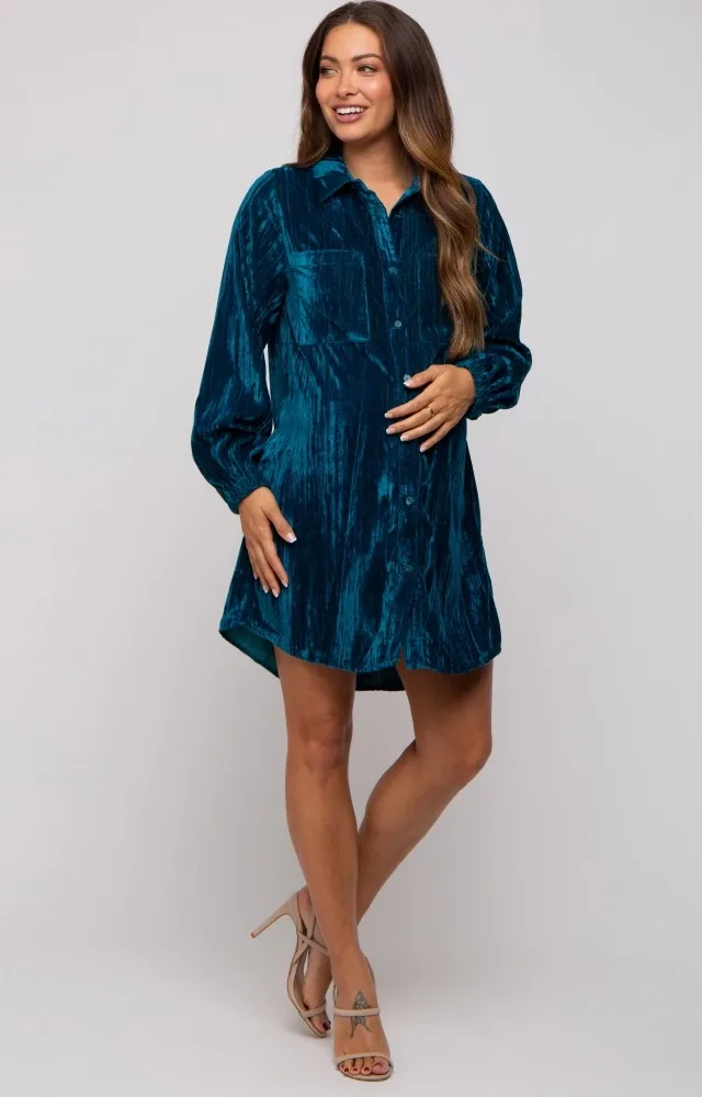 Teal Velour Button Up Maternity Dress