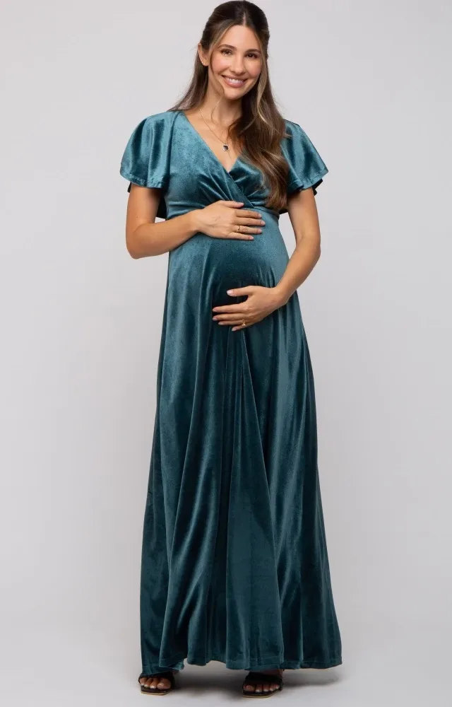 Teal Velvet Maternity Maxi Dress