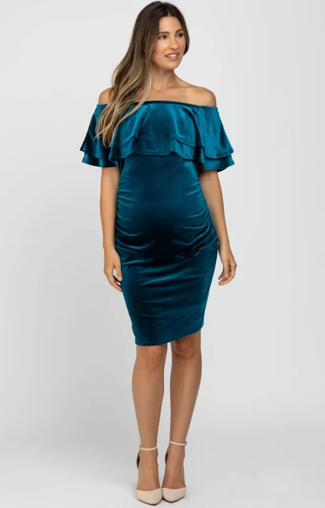 Teal Velvet Off Shoulder Fitted Maternity Dress