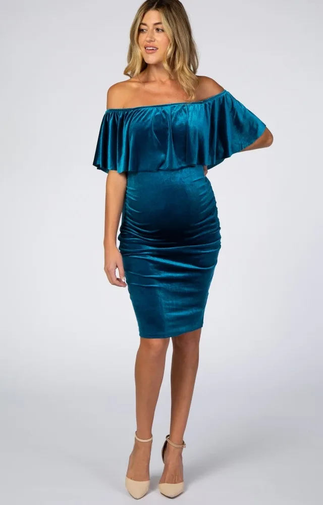 Teal Velvet Off Shoulder Maternity Dress