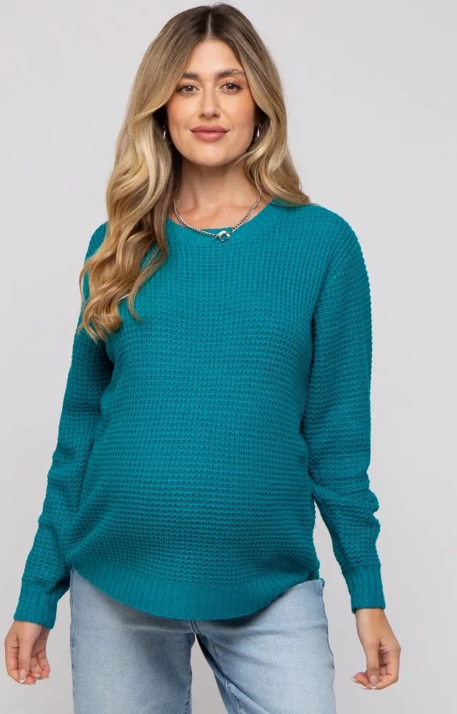 Teal Waffle Knit Round Hem Maternity Sweater