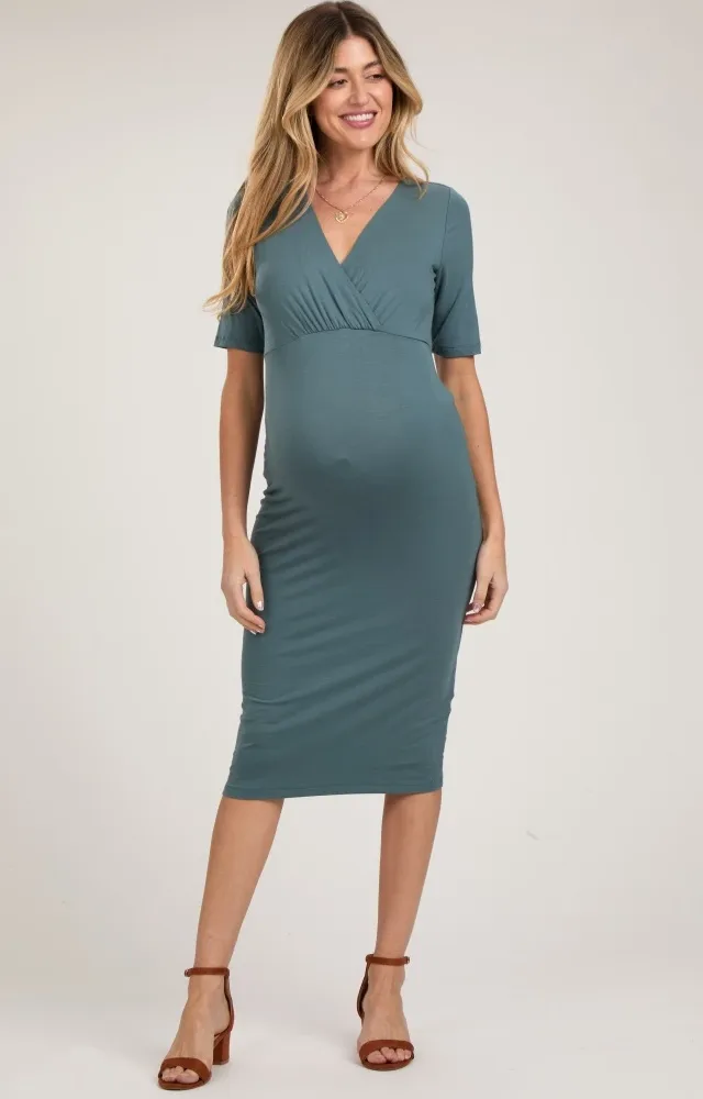 Teal Wrap Top Maternity/Nursing Midi Dress