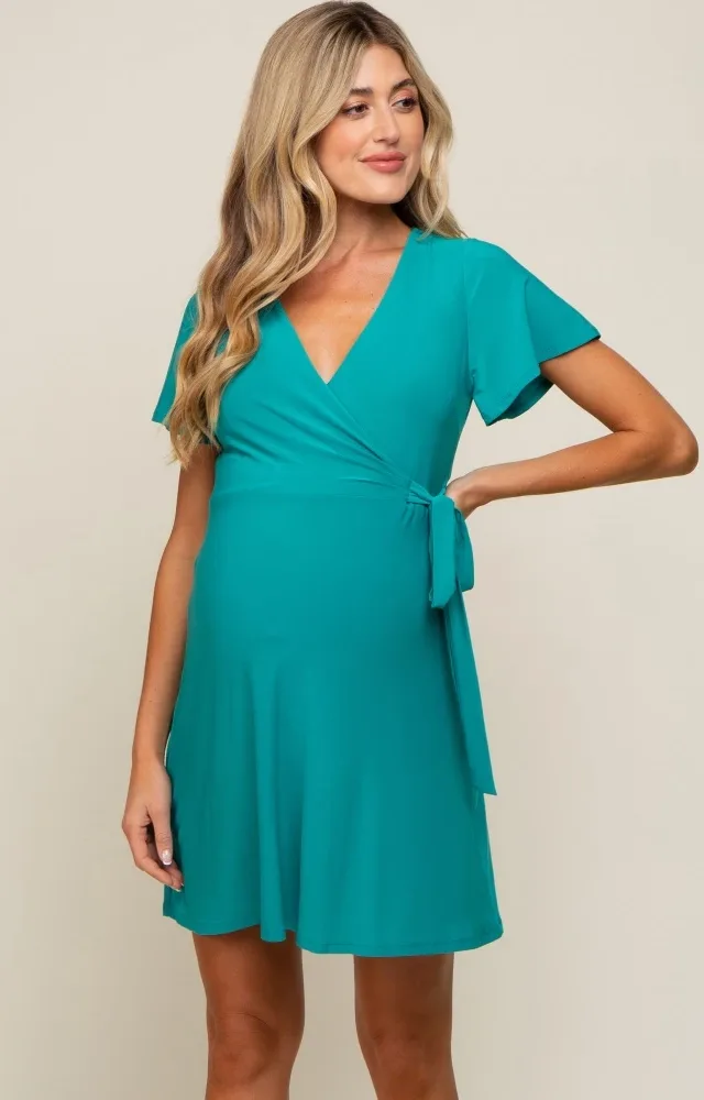 Teal Wrap V-Neck Short Sleeve Maternity Dress