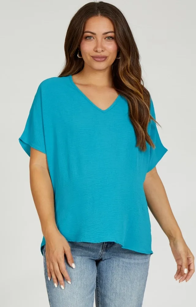 Turquoise Short Sleeve Maternity Blouse