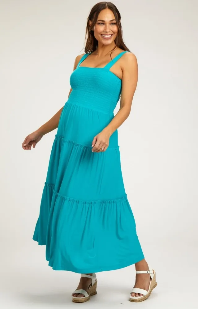 Turquoise Sleeveless Tiered Maternity Maxi Dress