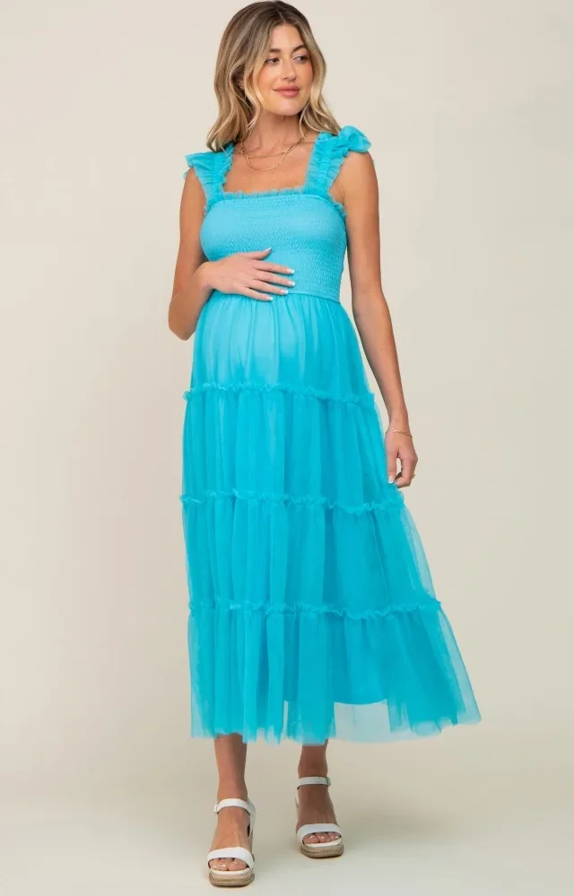 Turquoise Smocked Mesh Ruffle Accent Maternity Midi Dress