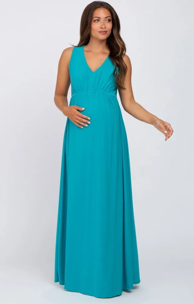 Turquoise V-Neck Sleeveless Maternity Maxi Dress