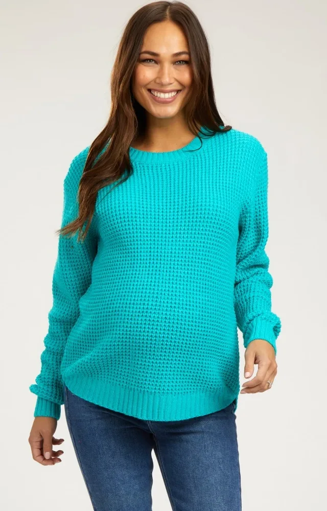 Turquoise Waffle Knit Round Hem Maternity Sweater