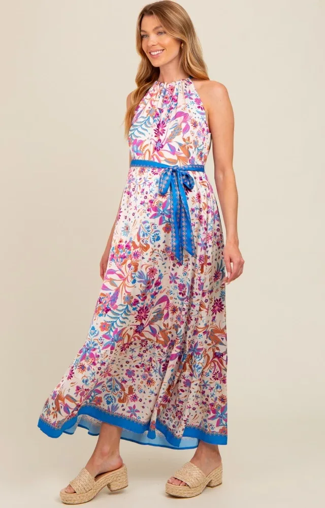 Violet Floral Halter Front Tie Maternity Maxi Dress