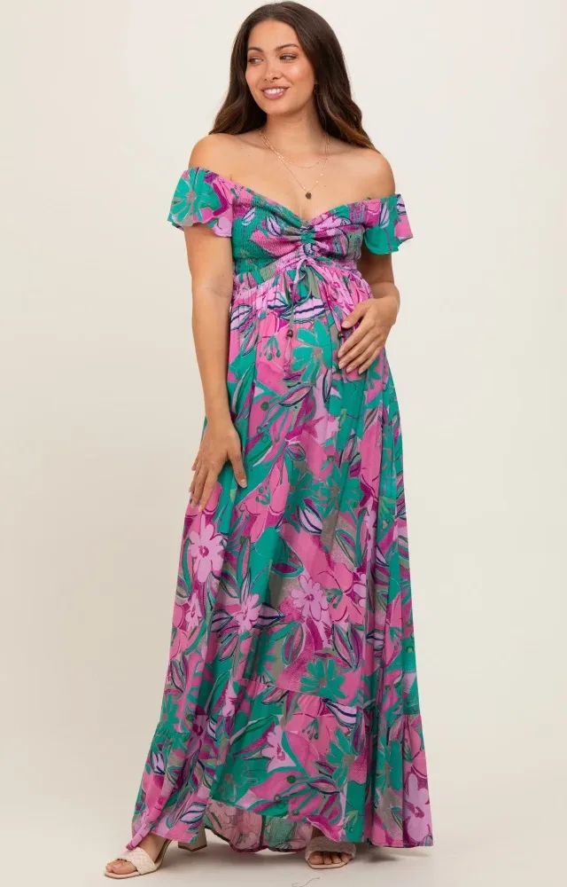 Violet Floral Smocked Off Shoulder Maternity Dress