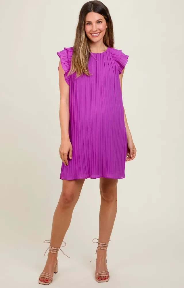 Violet Flutter Sleeve Pleated Chiffon Maternity Mini Dress