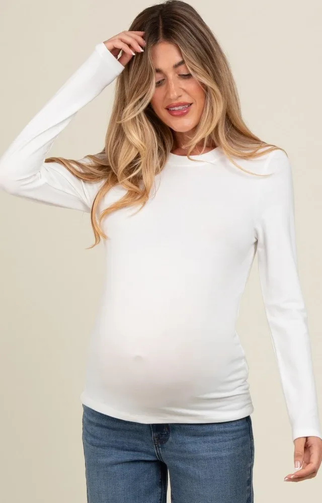 White Basic Fitted Maternity Long Sleeve Top