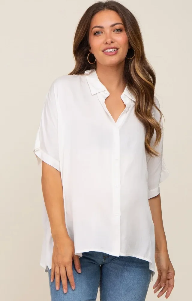 White Button Up Dolman Short Sleeve Maternity Top