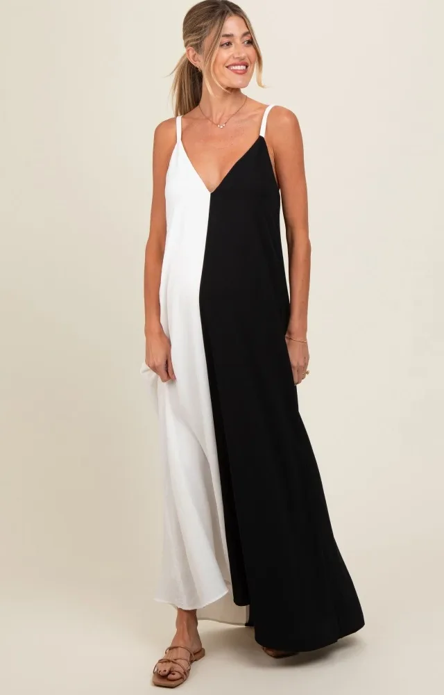 White Color Blocked V-Neck Maternity Maxi Dress